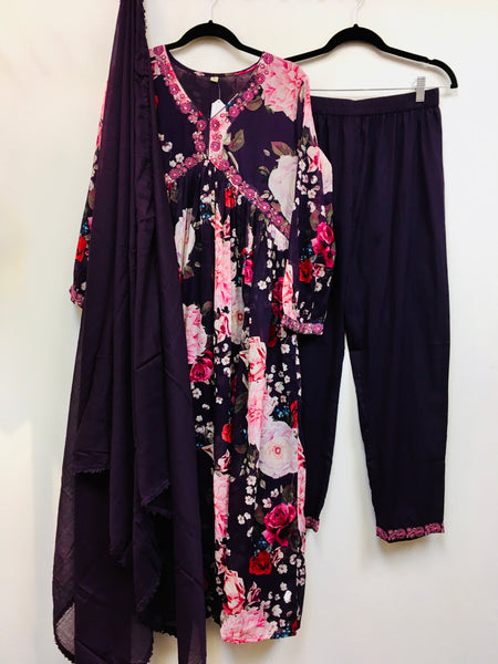 RBD037- Mull cotton floral print suit in purple with embroidery on yoke. Comes with dupatta.