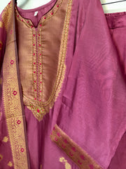 PNK004-Silk suit with banarasi dupatta mustard yellow and onion pink.