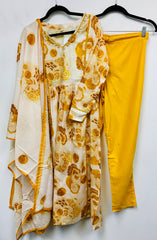 RBD030-Yellow mull floral suit with dupatta.