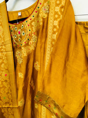 PNK004-Silk suit with banarasi dupatta mustard yellow and onion pink.