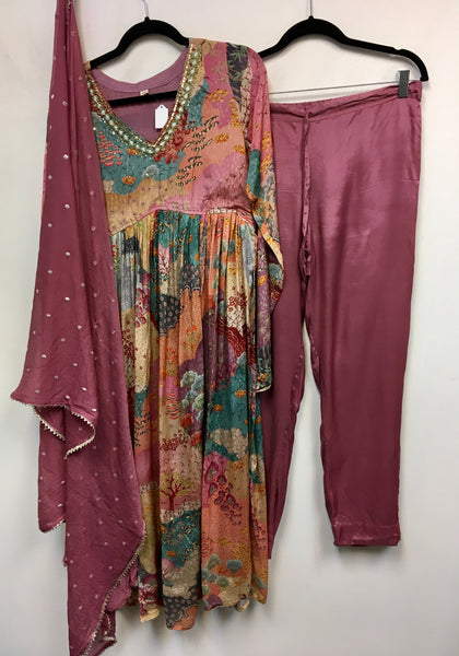 RBD017-  mauve floral chinnon suit with dupatta.