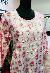 RFSS1756 - Cotton Pink Jaipuri Print Lucknowi Kurta