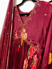 RBD023- Wine floral print chinnon suit with dupatta.