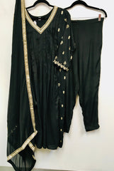 HHR001 -Black silk suit embroided side panels with dupatta.