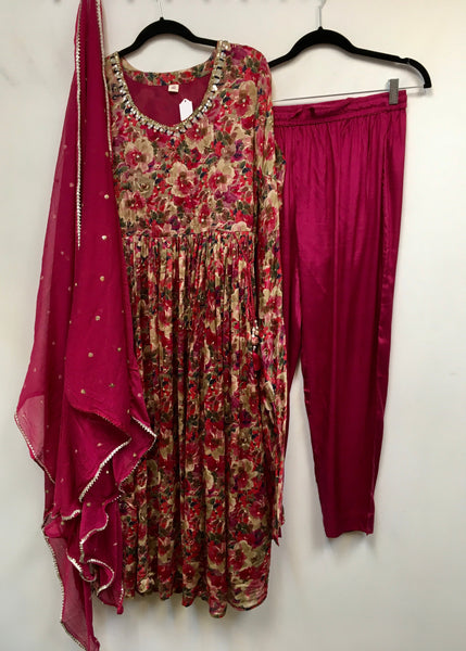 RBD047- Valentino pink floral chinnon anarkali suit with dupatta.
