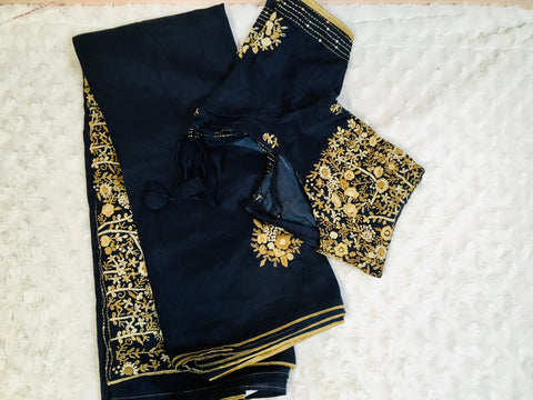 AK001 - Pure Russian silk saree with french knot bullion work Pallu. Comes with Stitiched Blouse.