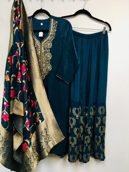 PNK018-Teal Blue silk colored suit with kundan embroidery and gharara.