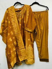 PNK004-Silk suit with banarasi dupatta mustard yellow and onion pink.