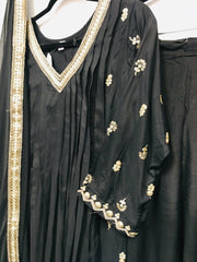 HHR001 -Black silk suit embroided side panels with dupatta.