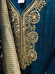 PNK018-Teal Blue silk colored suit with kundan embroidery and gharara.