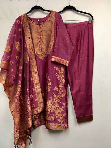 PNK004-Silk suit with banarasi dupatta mustard yellow and onion pink.