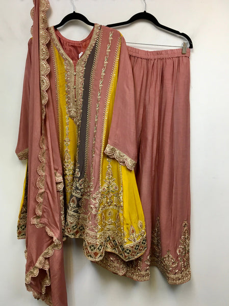 PNK016- Multi color panel anarkali in crepe fabric onion pink.