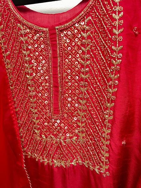 PNK003-Salwar suit with embroidery in red and yellow.