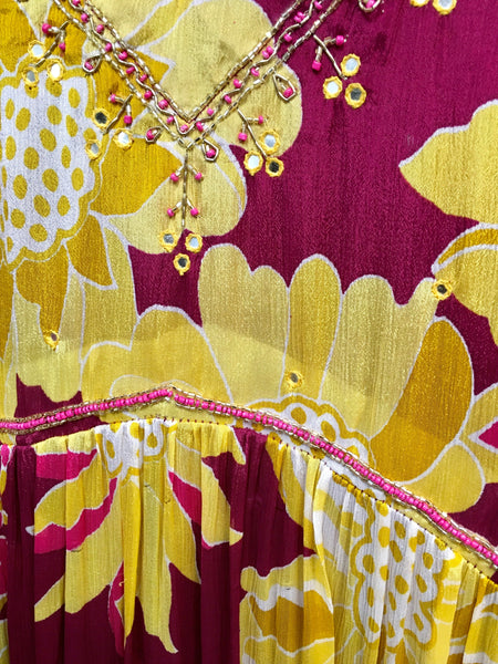 RBD052- Dark pink and yellow chinnon suit with dupatta.