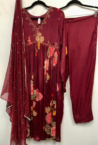 RBD023- Wine floral print chinnon suit with dupatta.