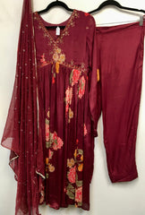 RBD023- Wine floral print chinnon suit with dupatta.