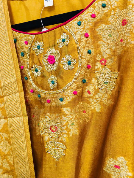 PNK004-Silk suit with banarasi dupatta mustard yellow and onion pink.