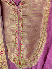 PNK004-Silk suit with banarasi dupatta mustard yellow and onion pink.