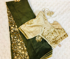 AK001 - Pure Russian silk saree with french knot bullion work Pallu. Comes with Stitiched Blouse.