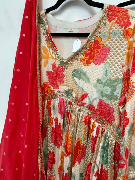 RBD018- Orange floral print chinnon suit with dupatta.