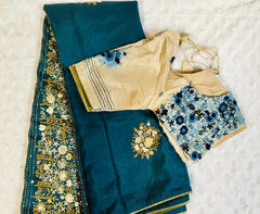 AK001 - Pure Russian silk saree with french knot bullion work Pallu. Comes with Stitiched Blouse.