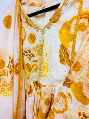 RBD030-Yellow mull floral suit with dupatta.