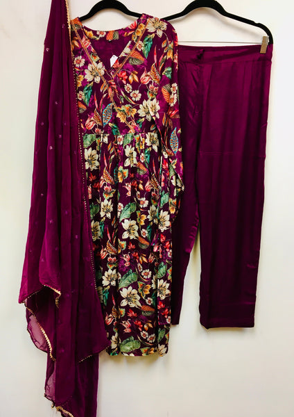 RBD042 - Chinnon floral print angrakha style suit in wine . Comes with dupatta.
