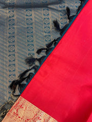 HPSS16 - Pure Silk Kanjivaram Saree in Red with Annam motif on the Border and contrast Peacock Blue Pallu