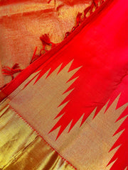 HPSS28 - Pure Handloom Silk Kanjivaram Desginer Saree in Red with Temple Border and full Zari Pallu