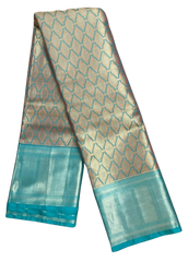 HPSS601 - Banarasi Soft Silk Saree in Gold with Blue Border. Comes with stitched blouse