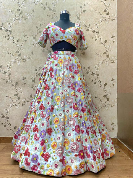 AFL1037-Georgette Lehenga in light blue floral multi color embroidery with sequence work and with Net Dupatta. Also Comes with a matching stitched blouse.