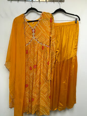 HHR003-Alia cut chiffon bandini suit in mango yellow with dupatta.