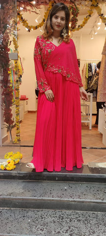 RFSS1115 - Indo-Western Gown with heavy Emberoidery work on yoke. Comes with 1 sides Kaftan sleeve. 
2 colors: Copper Sulphate Blue and Carrot Pink