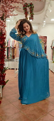 RFSS1115 - Indo-Western Gown with heavy Emberoidery work on yoke. Comes with 1 sides Kaftan sleeve. 
2 colors: Copper Sulphate Blue and Carrot Pink