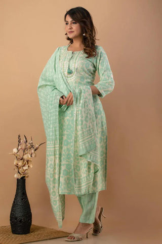 RFSS1151 - Muslin Full Suit in Light Green with Shibori Print. Has Embrodiery on Yoke. Comes with Muslin straight Pants and Dupatta