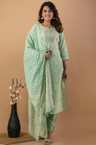 RFSS1151 - Muslin Full Suit in Light Green with Shibori Print. Has Embrodiery on Yoke. Comes with Muslin straight Pants and Dupatta