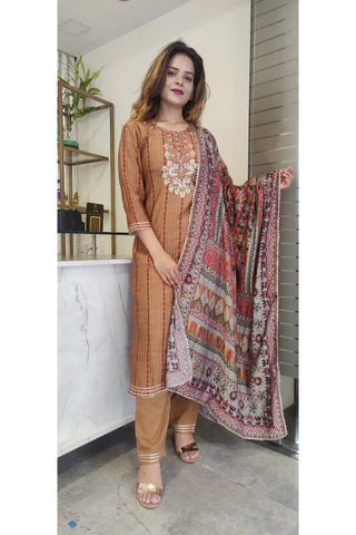 RFSS1135 - Muslin Suit in Brown. Comes with Pants and Digital Print Dupatta