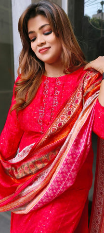 RFSS1303 - Muslin Suit With Embroiderey In Orangish Red. Comes With Pants With Dupatta