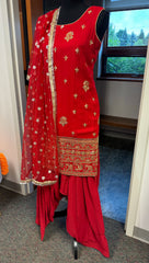 AMI103 - Party Wear Sharara Set in Red with Heavy Embroidery work. Comes with Dupatta