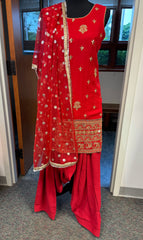 AMI103 - Party Wear Sharara Set in Red with Heavy Embroidery work. Comes with Dupatta