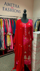 RFSS1636- Pure bandej suit in pink orange color with hand gota work. comes with silk pants and dupatta.