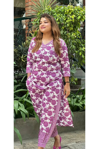 RFSS1131 - Jaipuri Mul Cotton Kurta in White with Purple Floral Print. Comes with Balloon Pants