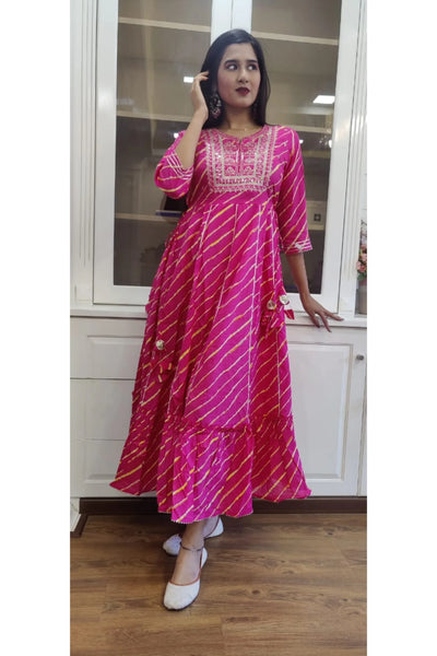 RFSS1156 - Jaipuri Lehriya Cotton Floor length Gown with Emroidery on Yoke and tassles on the side.