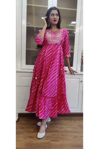 RFSS1156 - Jaipuri Lehriya Cotton Floor length Gown with Emroidery on Yoke and tassles on the side.