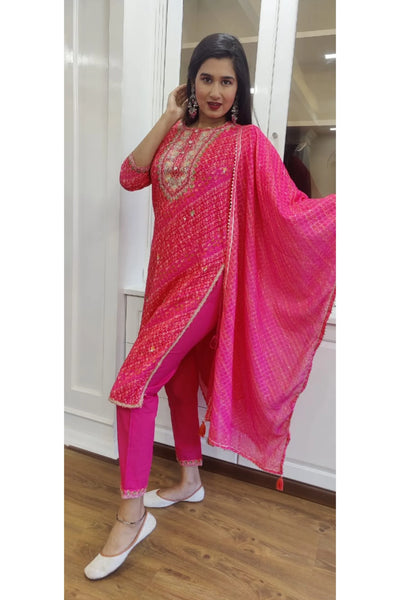 RFSS1148 - Chiffon Full Suit in Dark Pink with all over Embroidery. Comes with straight pants and Chiffon Dupatta