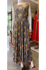 RFSS1335 - Heavy Rayon Sleeveless Gown In Grey With Floral Prints