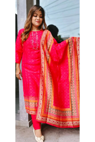 RFSS1327 - Muslin Suit With Embroiderey In Orangish Red. Comes With Pants With Dupatta