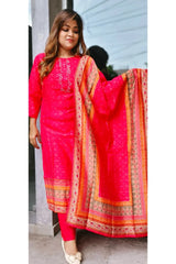 RFSS1327 - Muslin Suit With Embroiderey In Orangish Red. Comes With Pants With Dupatta