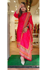 RFSS1303 - Muslin Suit With Embroiderey In Orangish Red. Comes With Pants With Dupatta