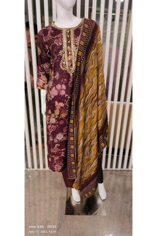 RFSS1321 - Pure Muslin Floral Print Kurta With Gota Embroidery. Cones With Straight Pants And Dupatta